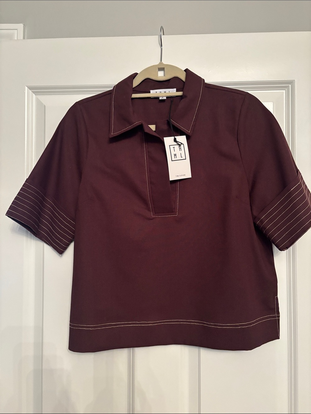 THML Burgundy Short-Sleeve Polo Tee with Contrast Stitching